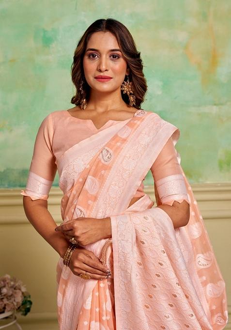 Peach Woven Cotton Saree Set
