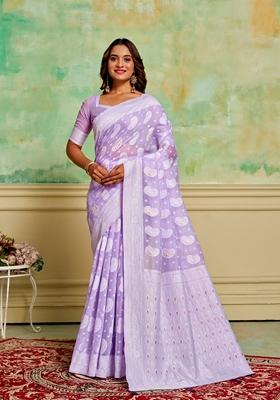 Lavender Woven Cotton Saree Set