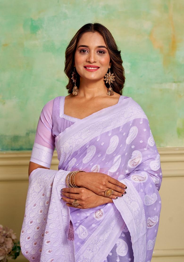 Lavender Woven Cotton Saree Set