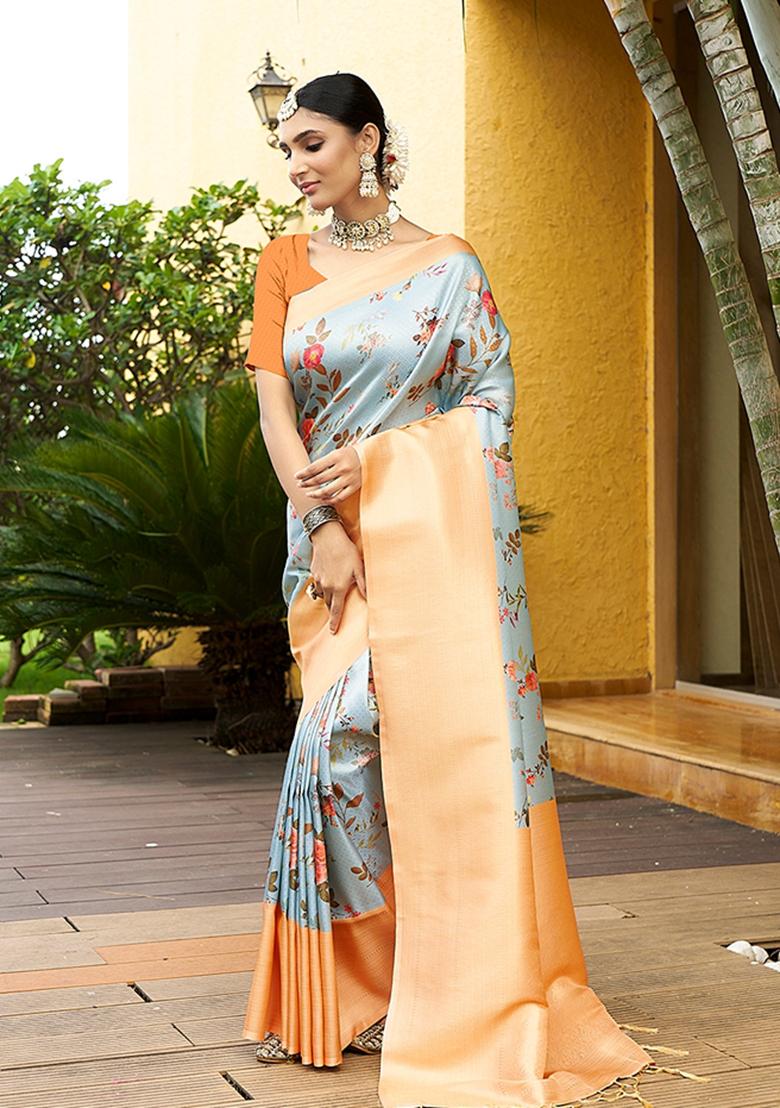 Grey Woven Crepe Saree Set