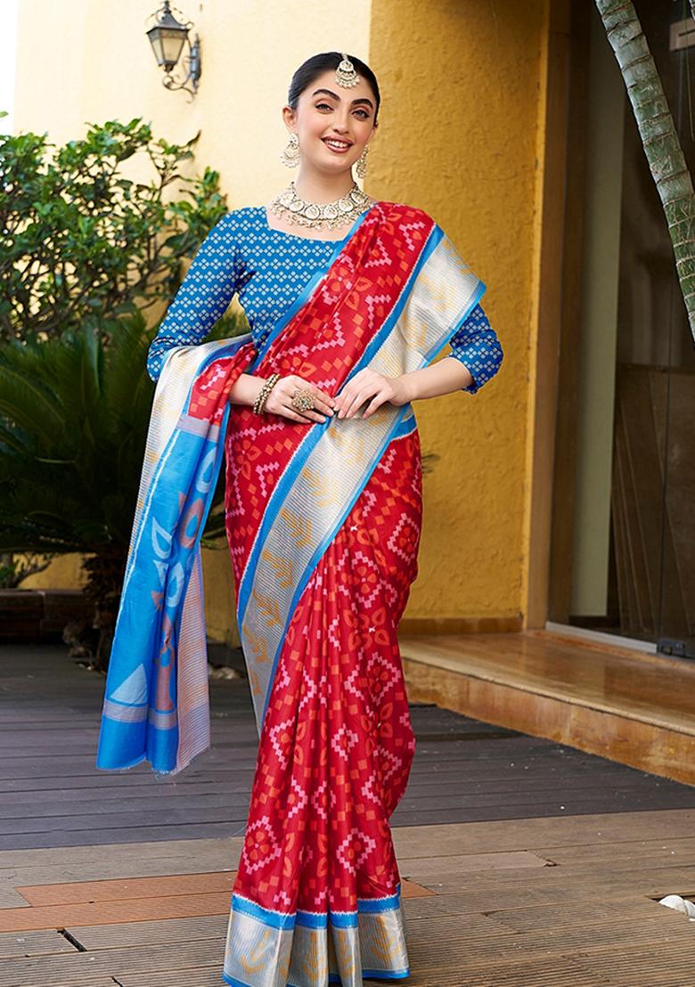 Red Woven Crepe Saree Set