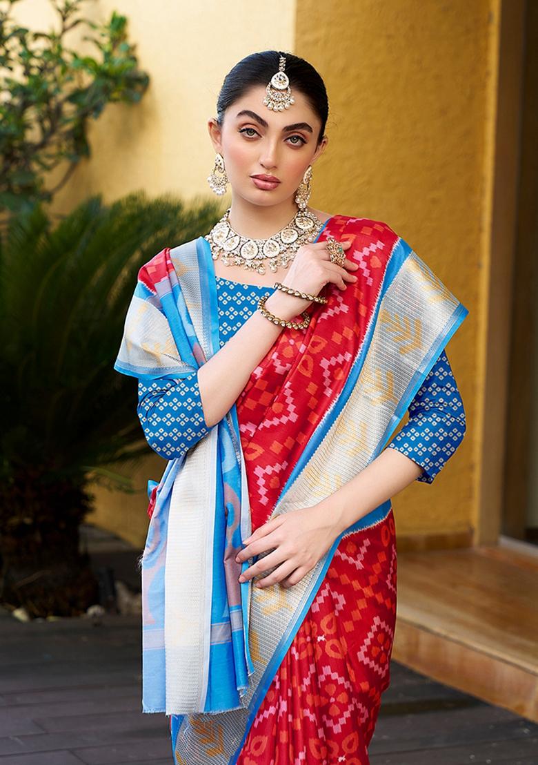 Red Woven Crepe Saree Set