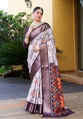 Off White Woven Crepe Saree Set