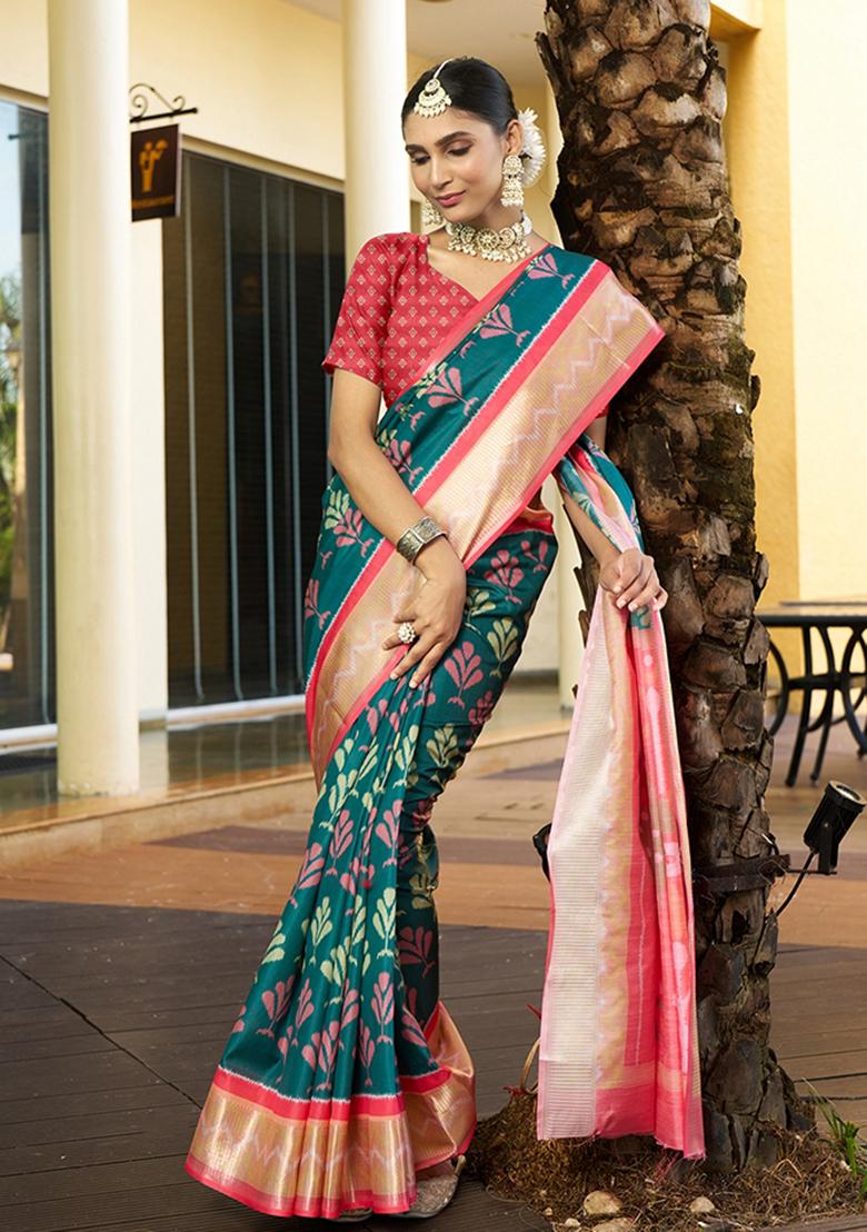 Green Woven Crepe Saree Set