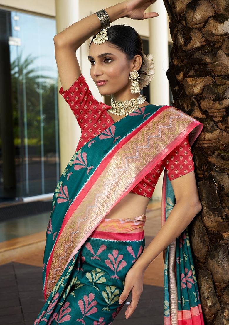 Green Woven Crepe Saree Set