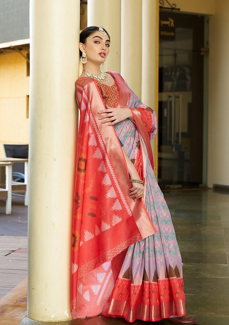 Purple Woven Crepe Saree Set