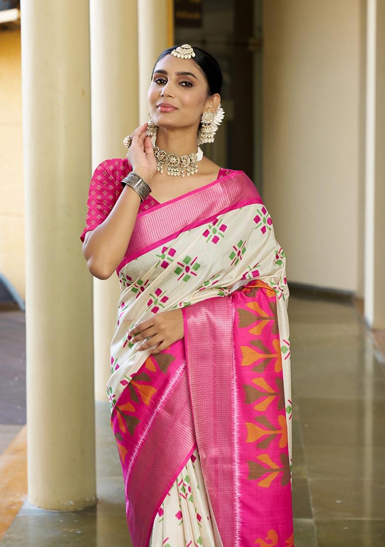 Cream Woven Crepe Saree Set