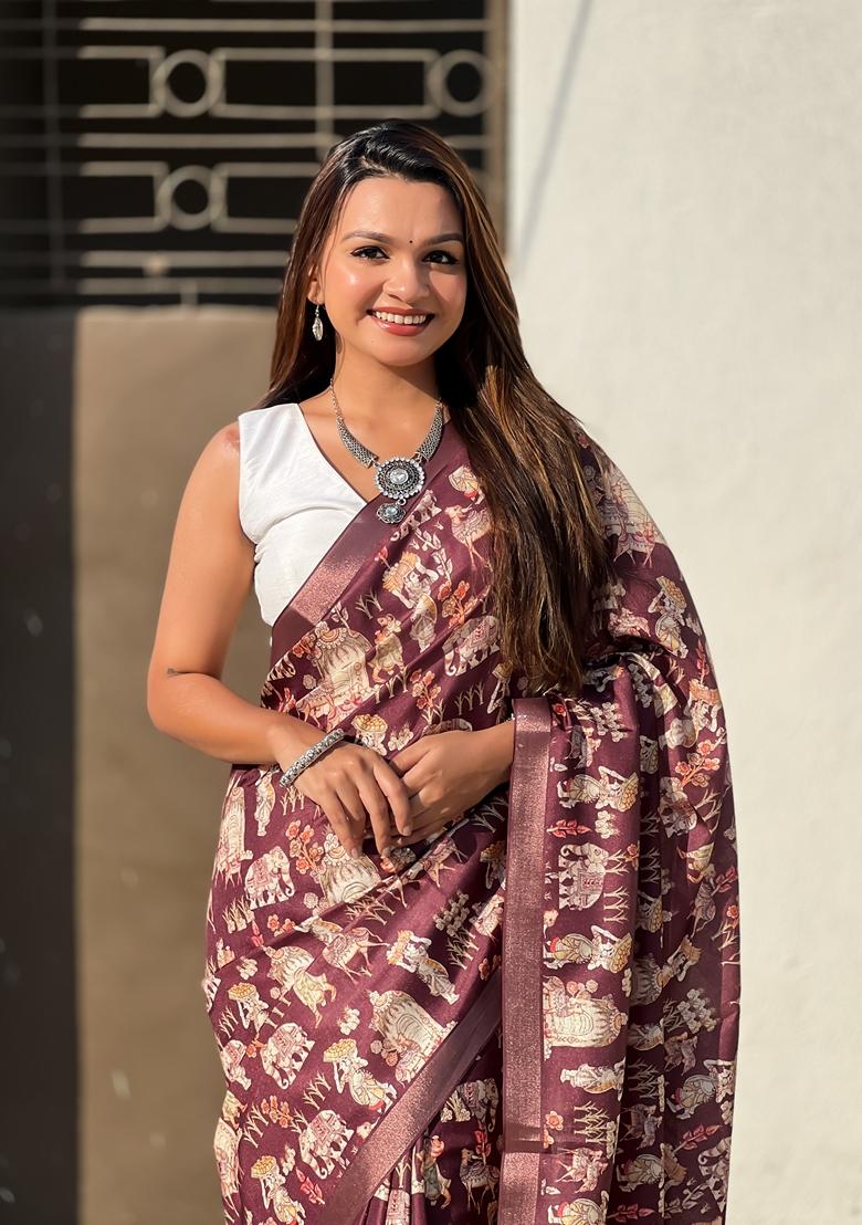 Wine Woven Silk Saree Set