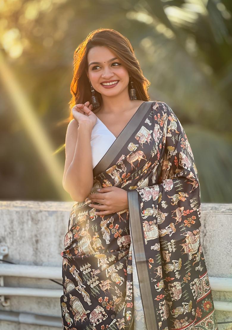 Brown Woven Silk Saree Set