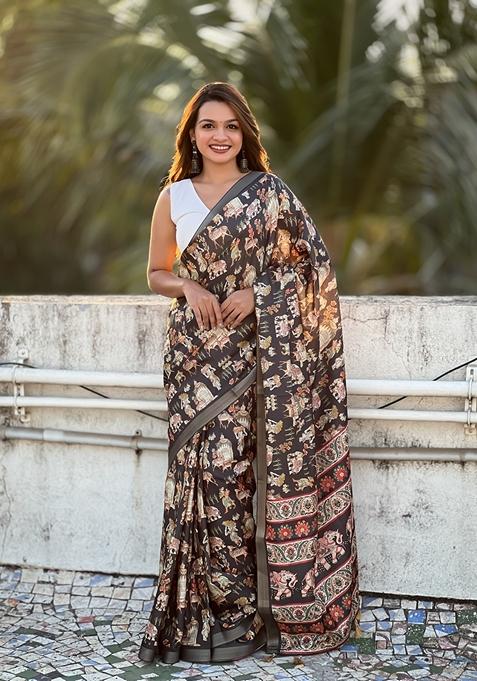 Brown Woven Silk Saree Set