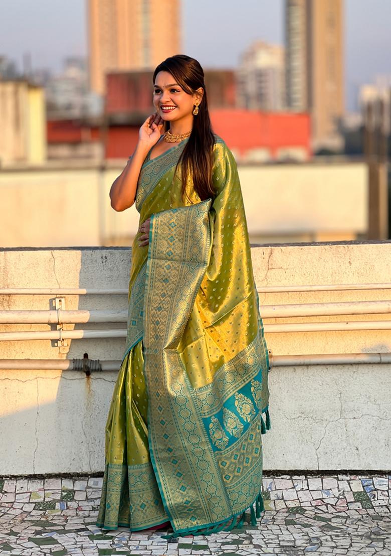 Green Woven Silk Saree Set