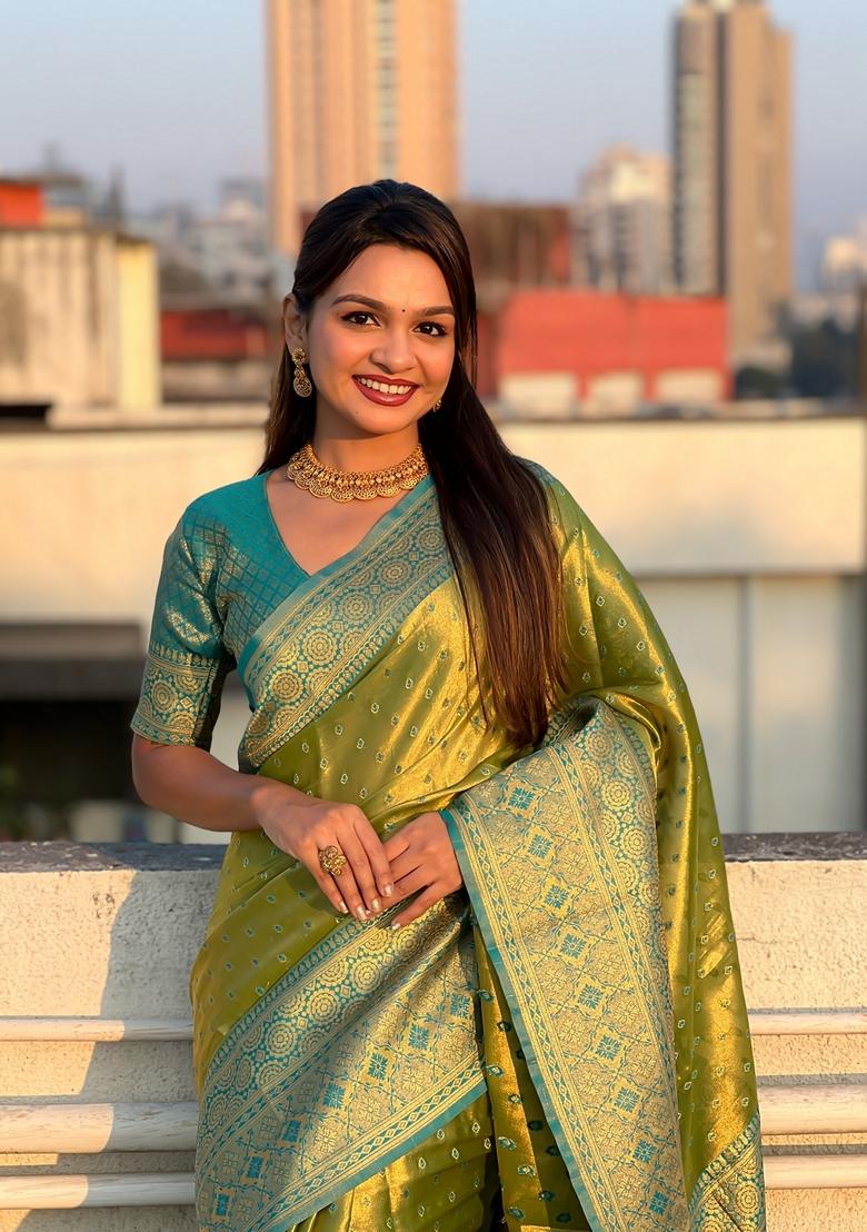 Green Woven Silk Saree Set