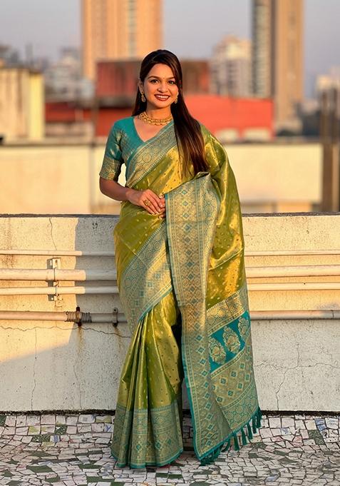 Green Woven Silk Saree Set