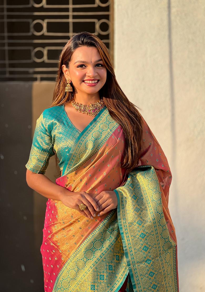 Pink Woven Silk Saree Set