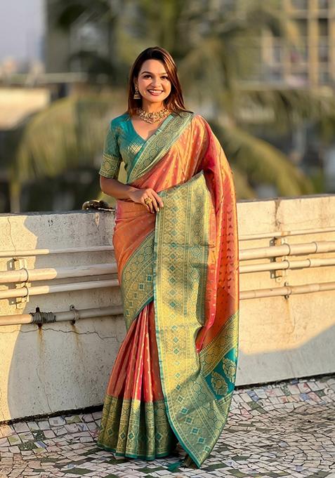 Pink Woven Silk Saree Set