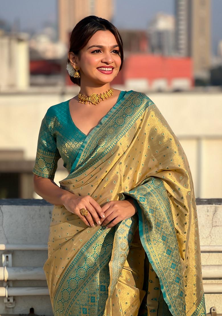Green Woven Silk Saree Set