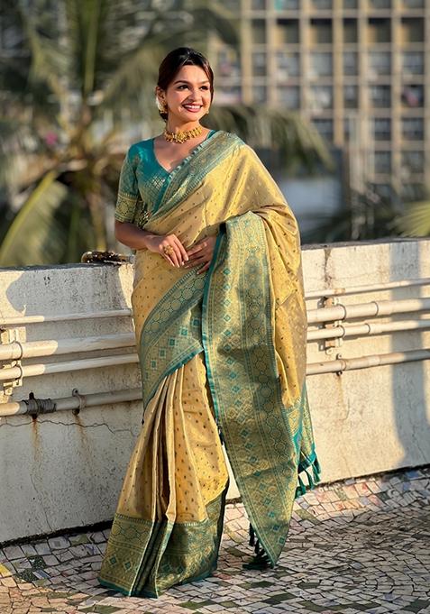 Green Woven Silk Saree Set