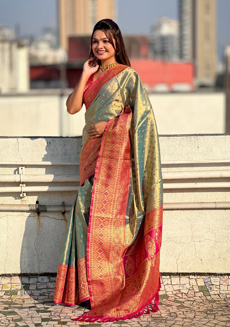 Blue Woven Silk Saree Set
