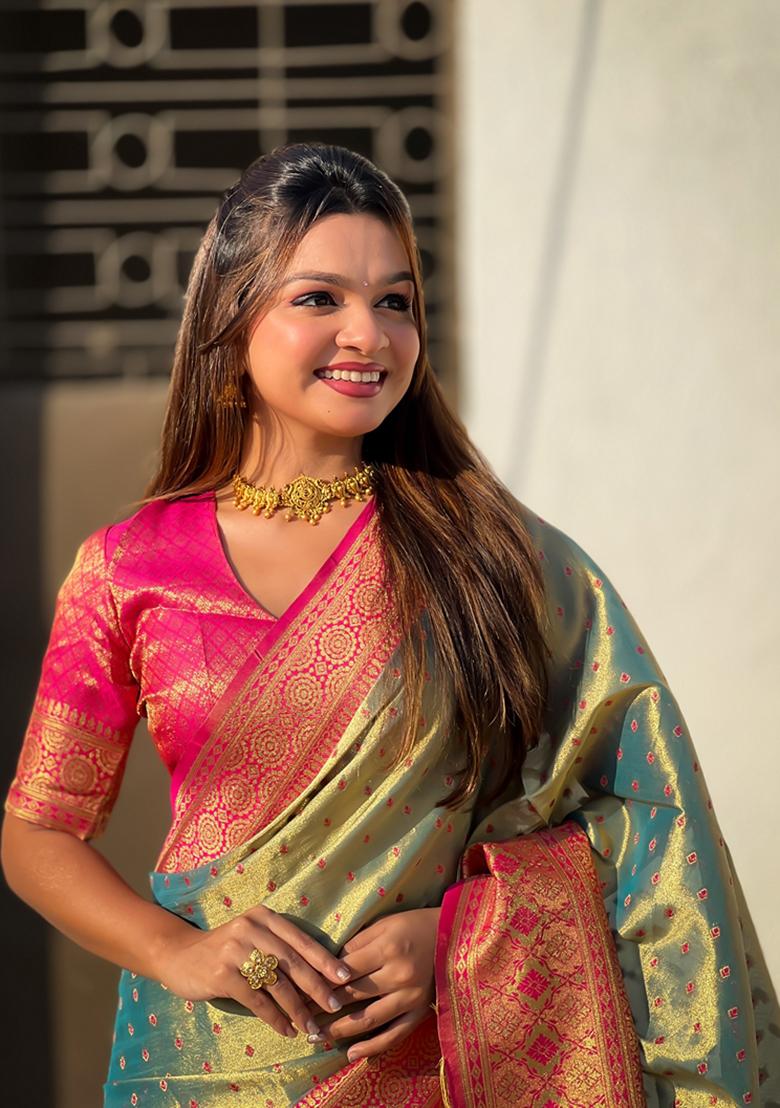 Blue Woven Silk Saree Set