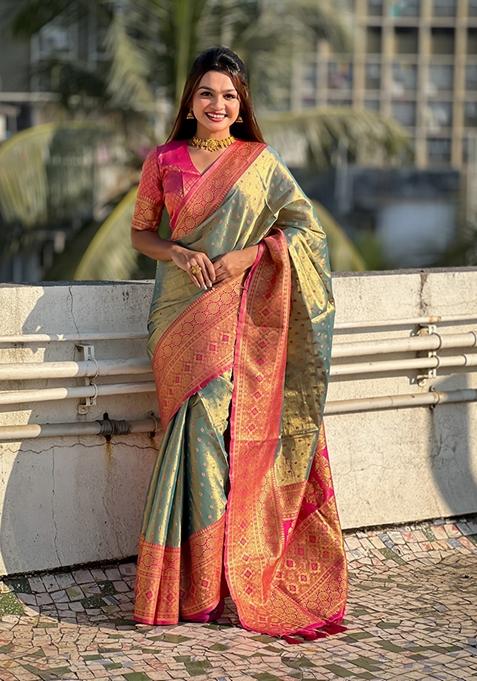 Blue Woven Silk Saree Set