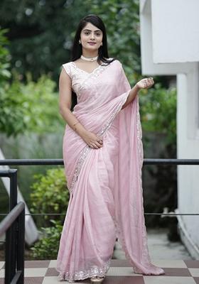 Pink Embroidered Chiffon Saree Set
