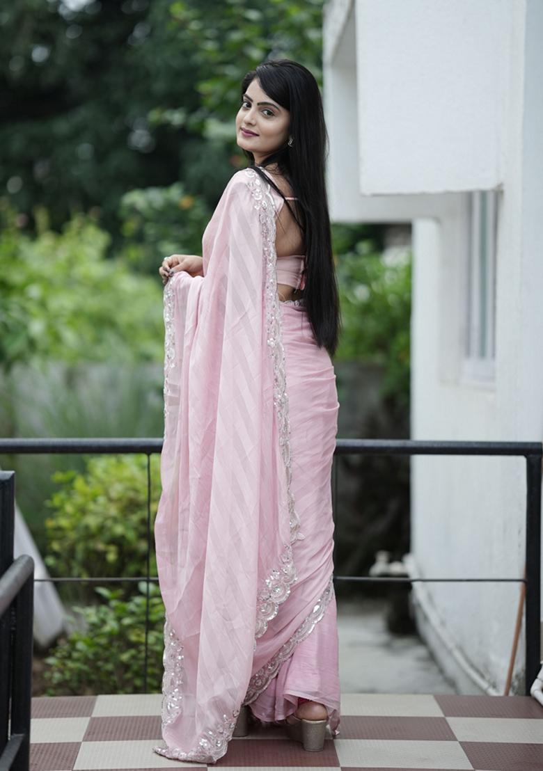 Pink Embroidered Chiffon Saree Set