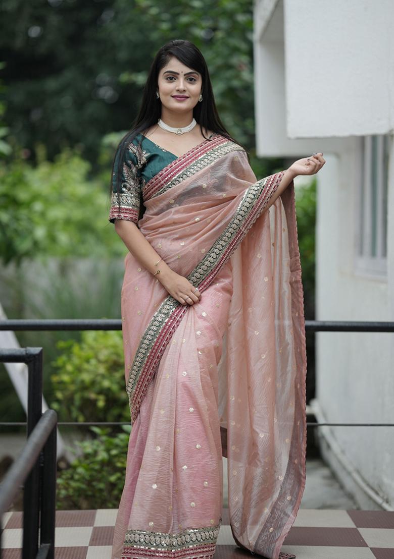 Pink Embroidered Banarasi Saree Set
