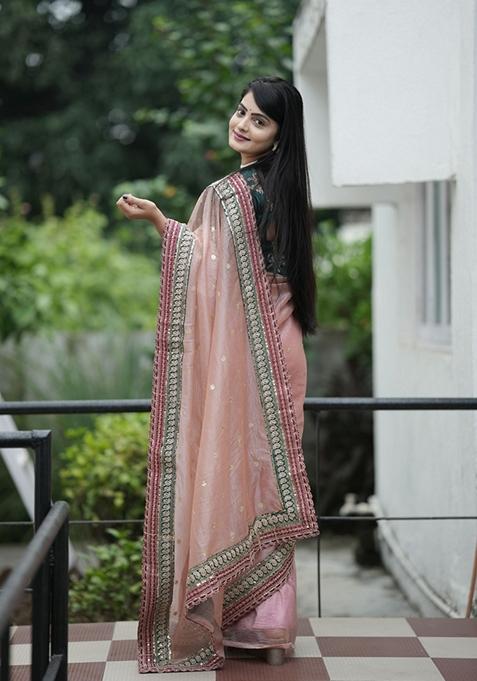 Pink Embroidered Banarasi Saree Set