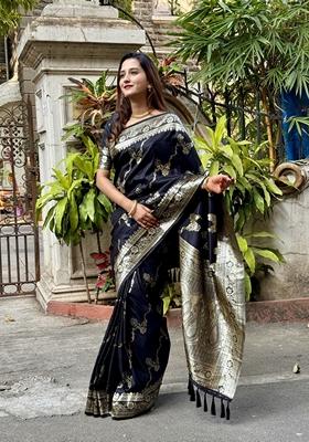 Black Woven Silk Saree Set