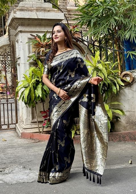 Black Woven Silk Saree Set
