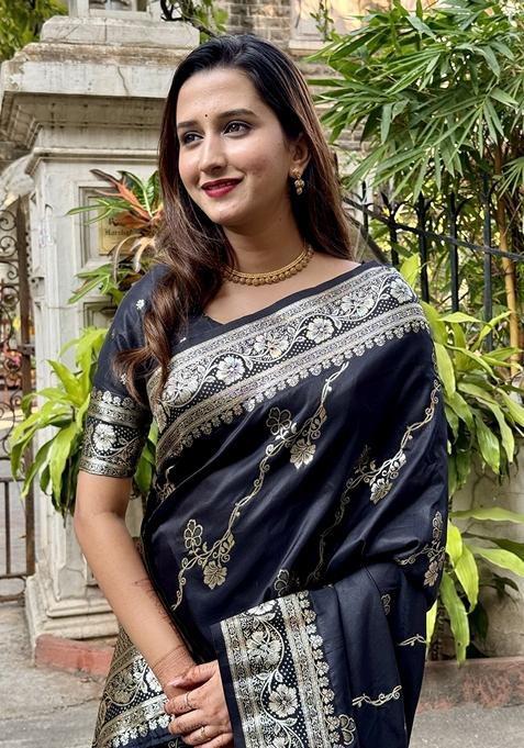 Black Woven Silk Saree Set