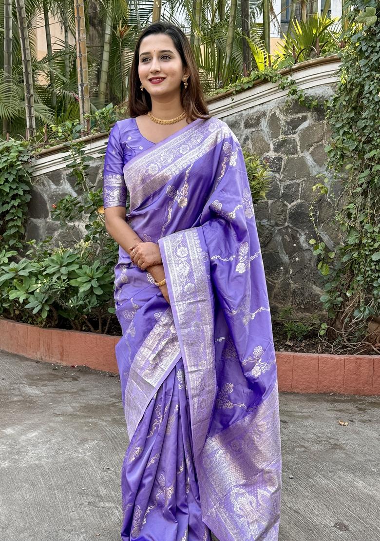 Purple Woven Silk Saree Set