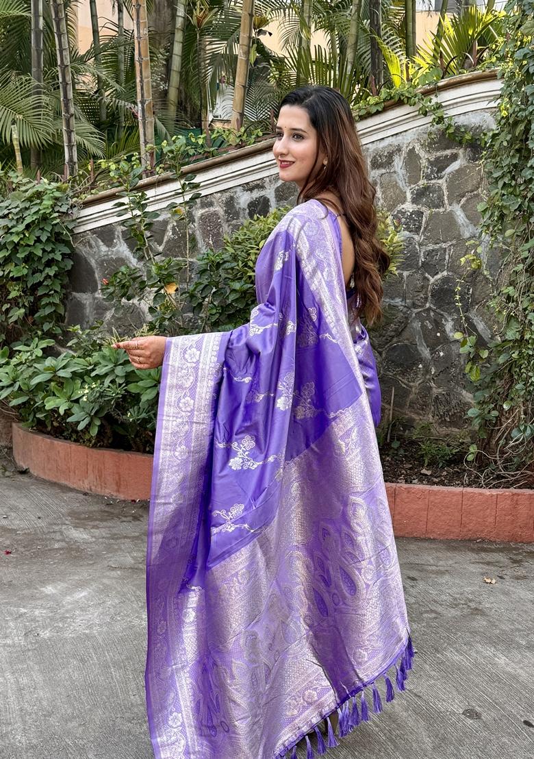 Purple Woven Silk Saree Set