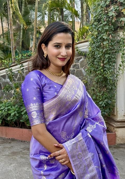 Purple Woven Silk Saree Set