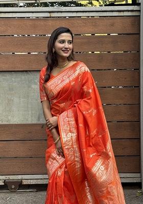 Orange Woven Silk Saree Set