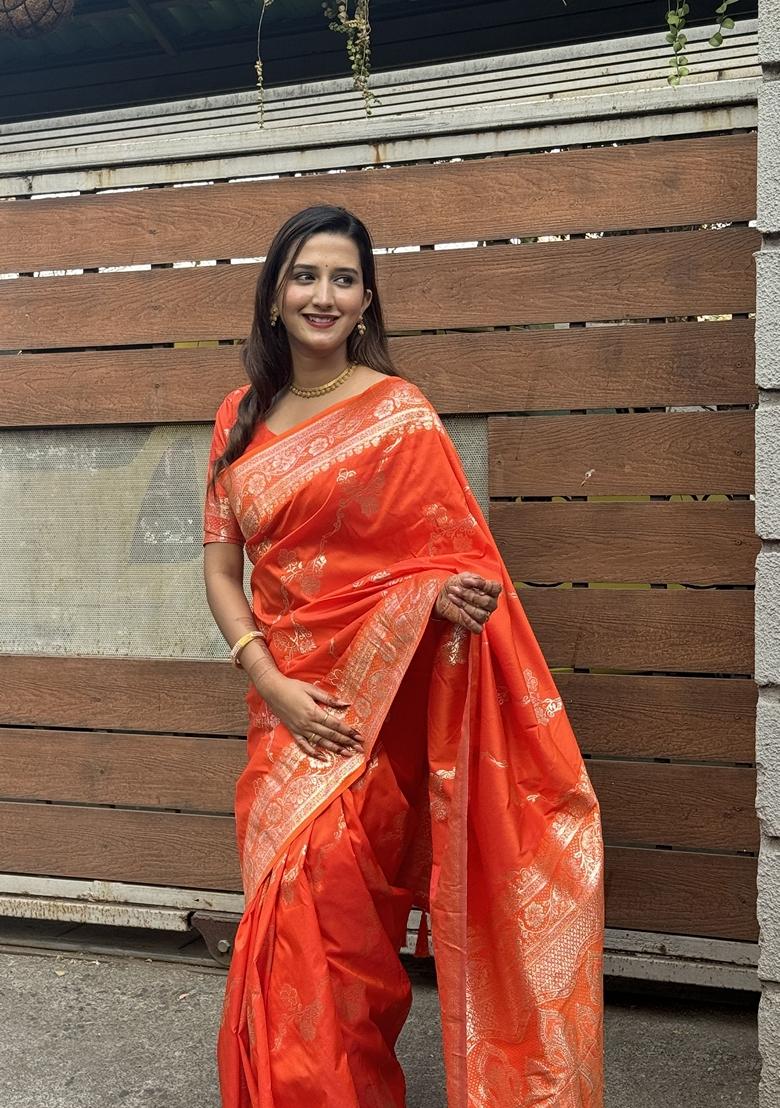 Orange Woven Silk Saree Set