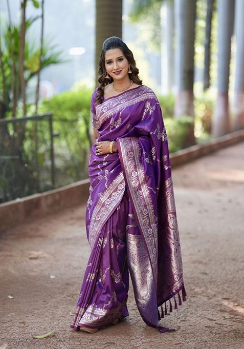Violet Woven Silk Saree Set