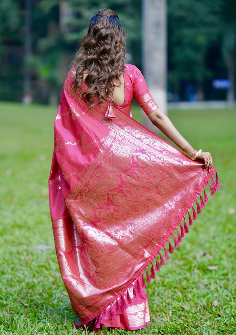 Pink Woven Silk Saree Set