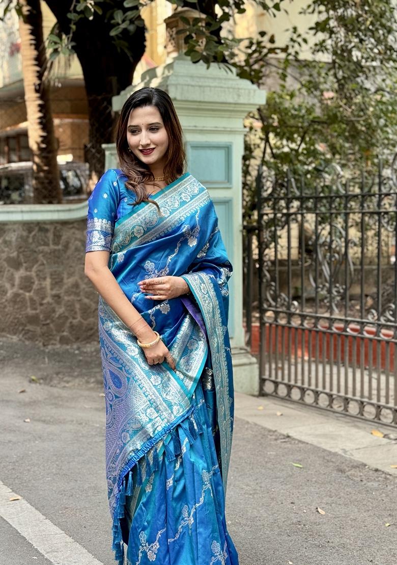 Sky Blue Woven Silk Saree Set