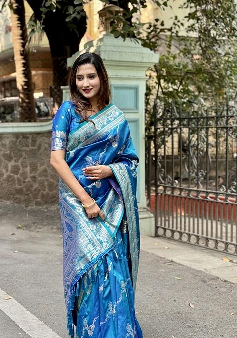 Sky Blue Woven Silk Saree Set