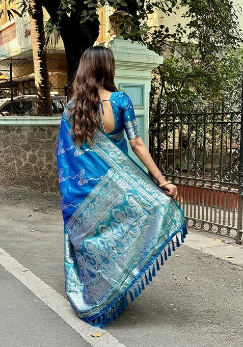 Sky Blue Woven Silk Saree Set