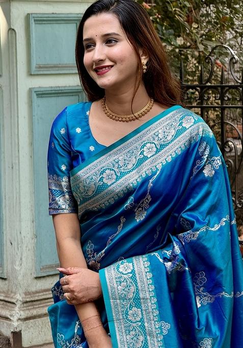 Sky Blue Woven Silk Saree Set
