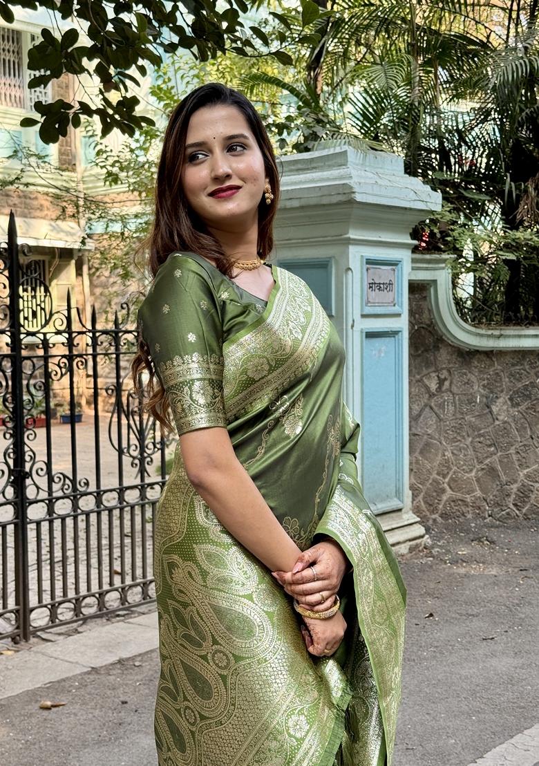 Green Woven Silk Saree Set
