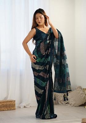 Teal Embroidered Georgette Saree Set