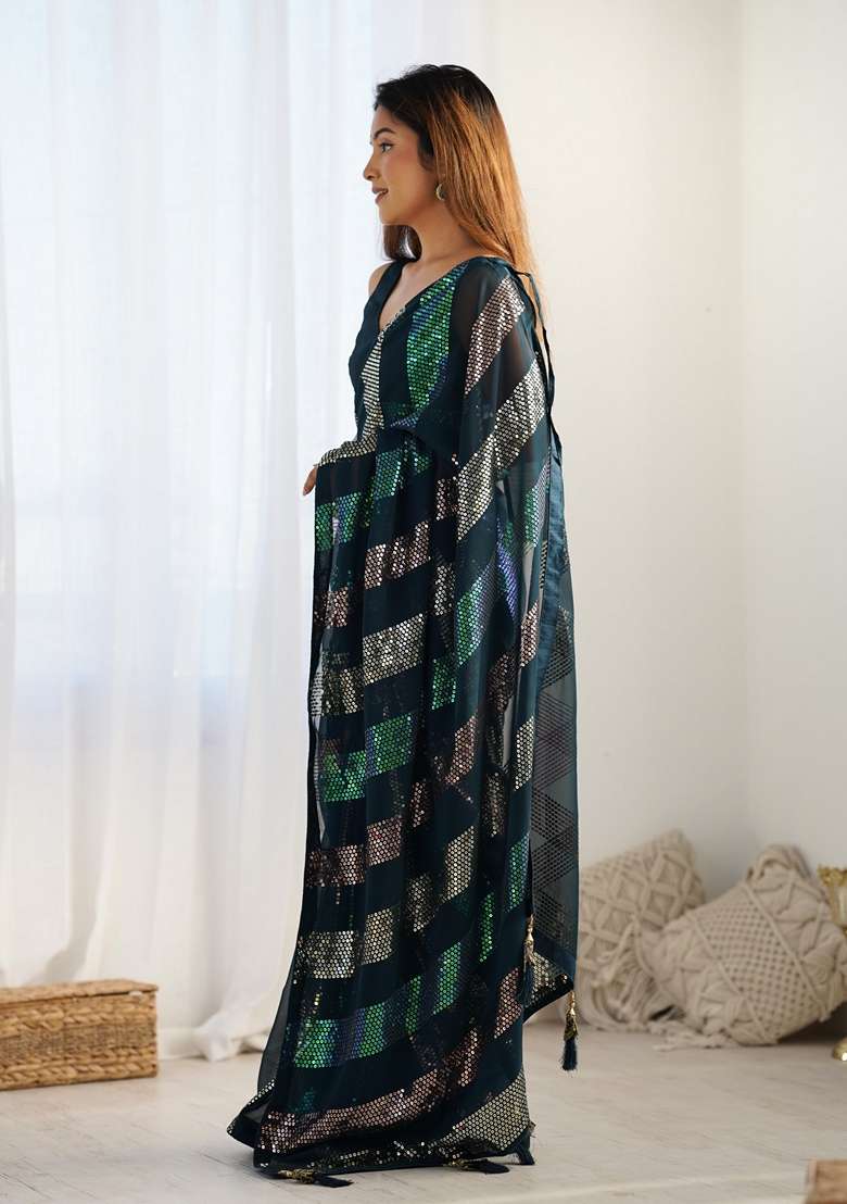 Teal Georgette Saree Set with Embroidered for Diwali | Wedding & Festive Wear - Indya