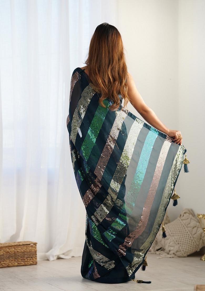 Teal Embroidered Georgette Saree Set