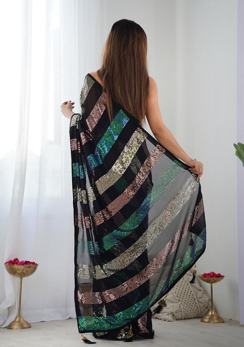 Black Embroidered Georgette Saree Set