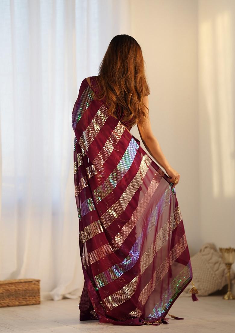 Maroon Embroidered Georgette Saree Set