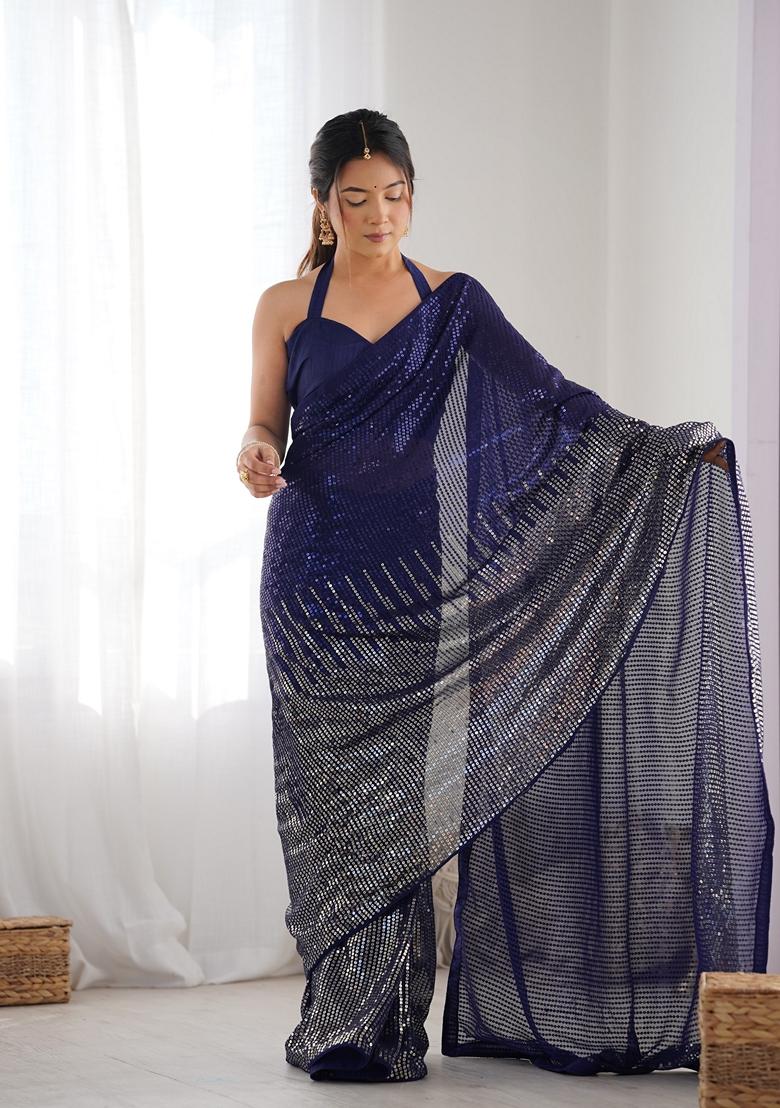 Blue Embroidered Georgette Saree Set