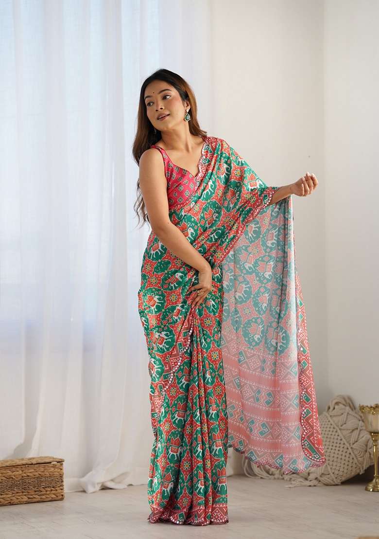 Green Chiffon Saree Set with Embroidered for Diwali | Wedding & Festive Wear - Indya